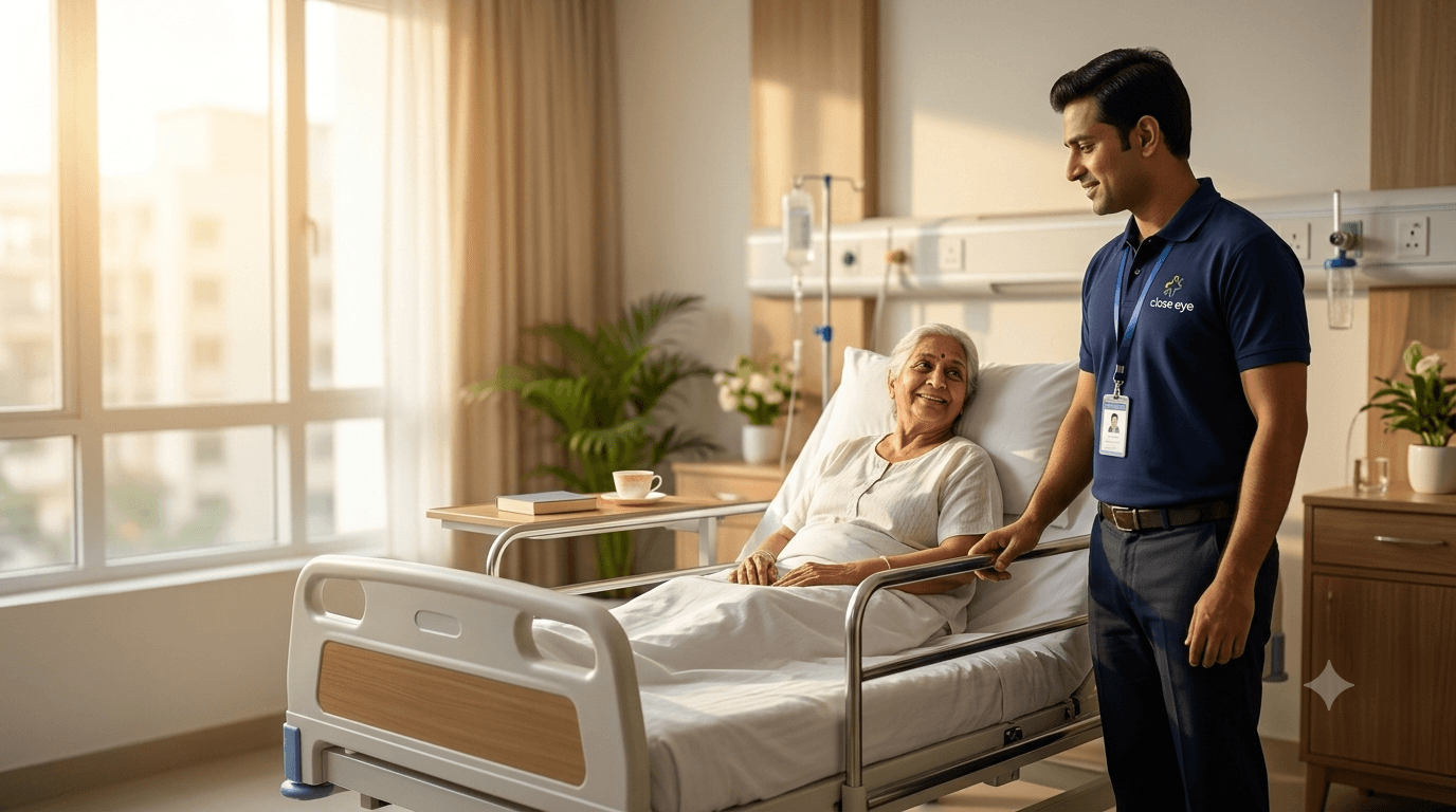 A Close Eye Guardian standing attentively beside an elderly patient resting in a hospital bed, warm natural light through the window.